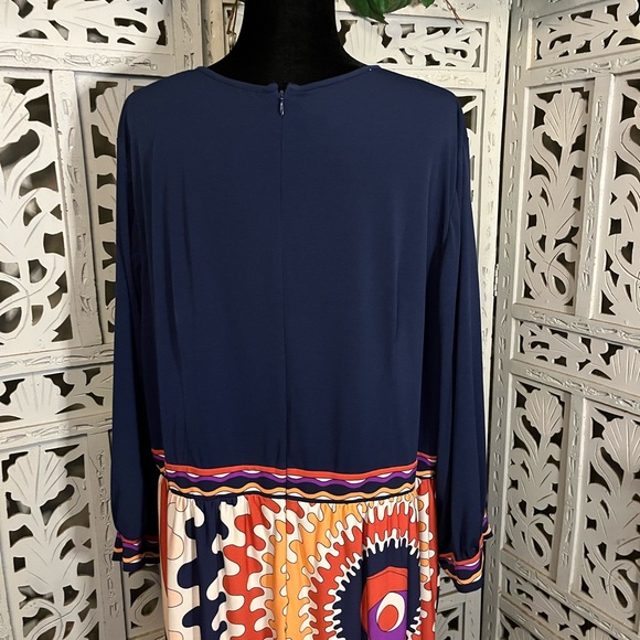DONNA MORGAN NICE NAVY BLUE WITH GROOVY MULTICOLORS LONG SLEEVE MAXI DRESS - Picture 8 of 11